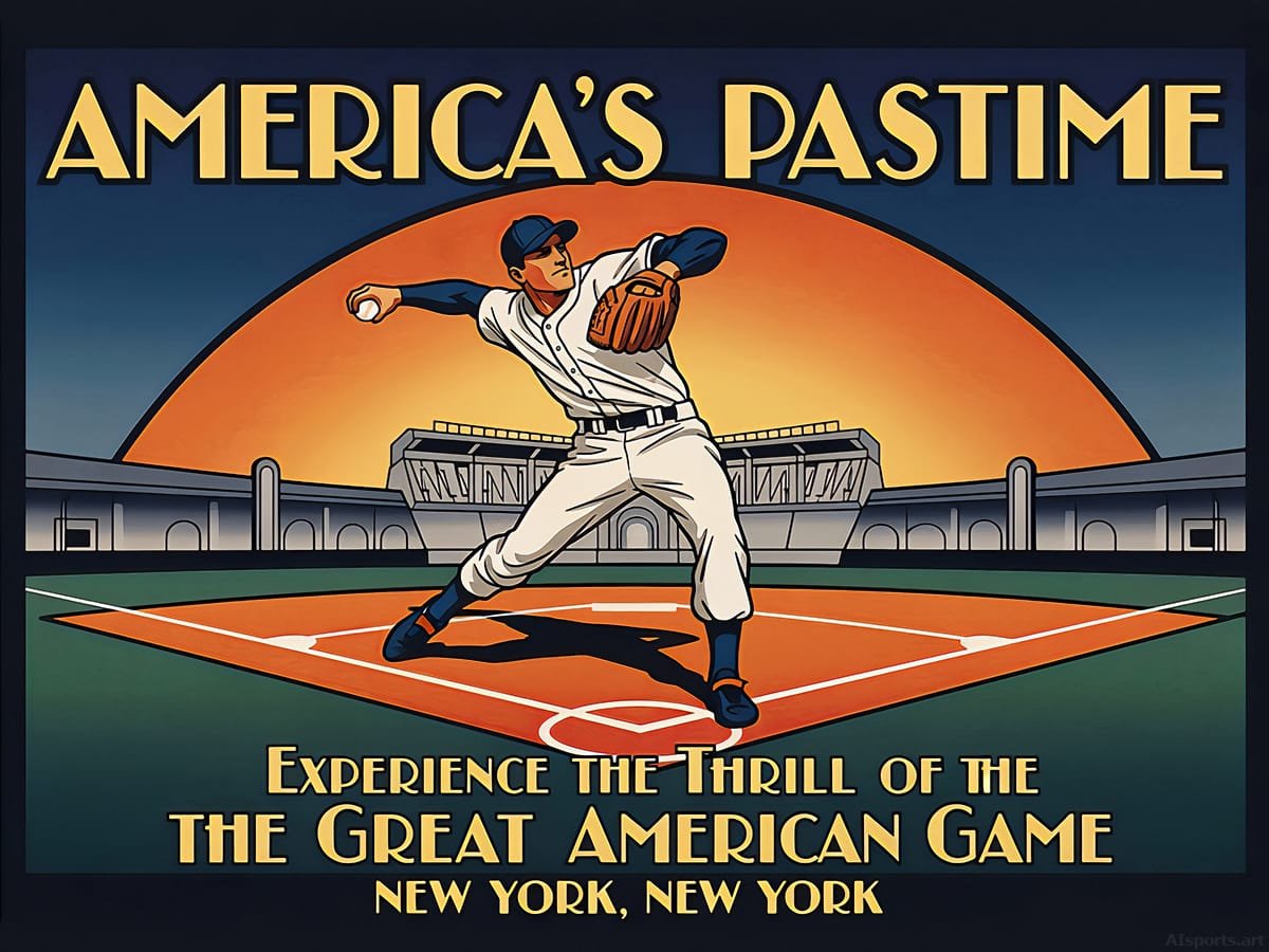 America's Pastime – Digital Baseball Americana Vintage Art Deco Sports Poster AI Art
