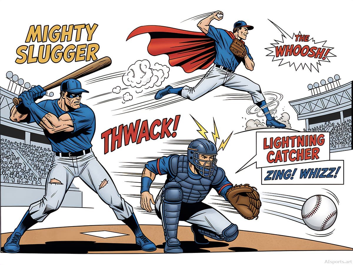 Diamond Defenders - Classic Aesthetics, Retro-Styled Comic Panel, Digital Baseball AI Art