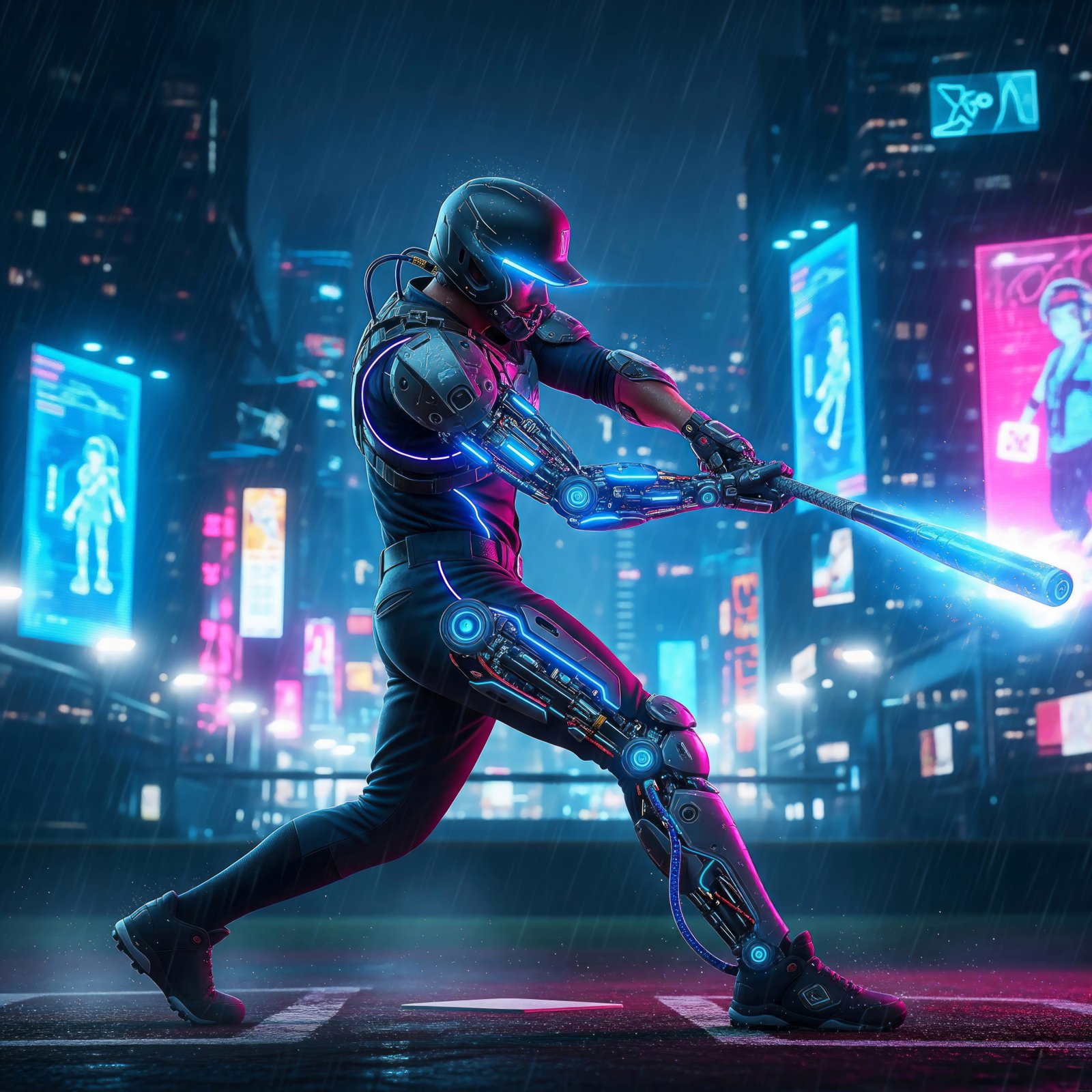 Cyber City League - Cyberpunk Baseball Art, Digital Robot Image, Digital AI Art Work