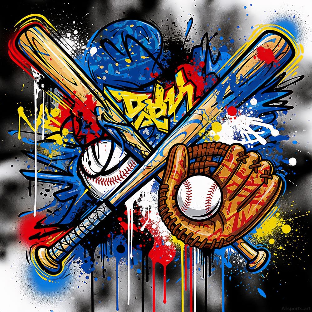 Crossed Bat Splat - Digital Baseball Image, Graffiti / Street Art, Digital Baseball AI Art