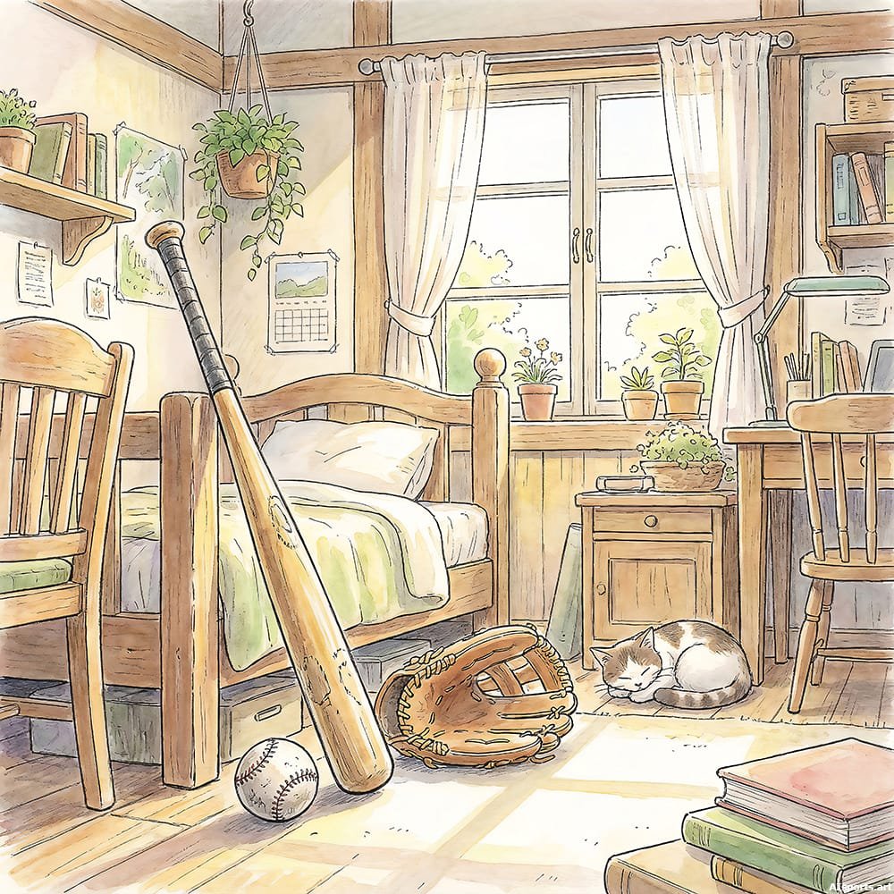Bedroom Peace - Watercolor Baseball Image, Digital Watercolor Art, Digital Baseball AI Art