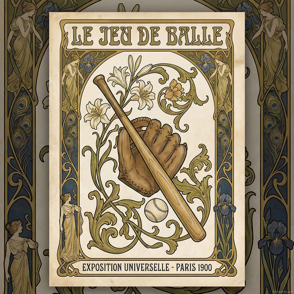 Nouveau Innings - Art Nouveau Image, Digital Historical Fiction, Digital Baseball AI Art