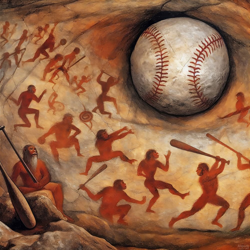 Rock Wall Pastime - Prehistoric Baseball Cave Art, Rock Painting Image, Digital Baseball AI Art