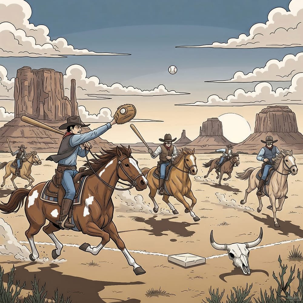 The Wild West - Vintage Western Comic Baseball Image, Digital Baseball AI Art