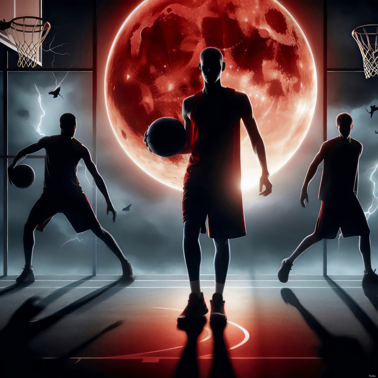 Midnight Shooters - Fantasy Basketball Art, Cinematic Surrealism Image, Digital Basketball AI Art