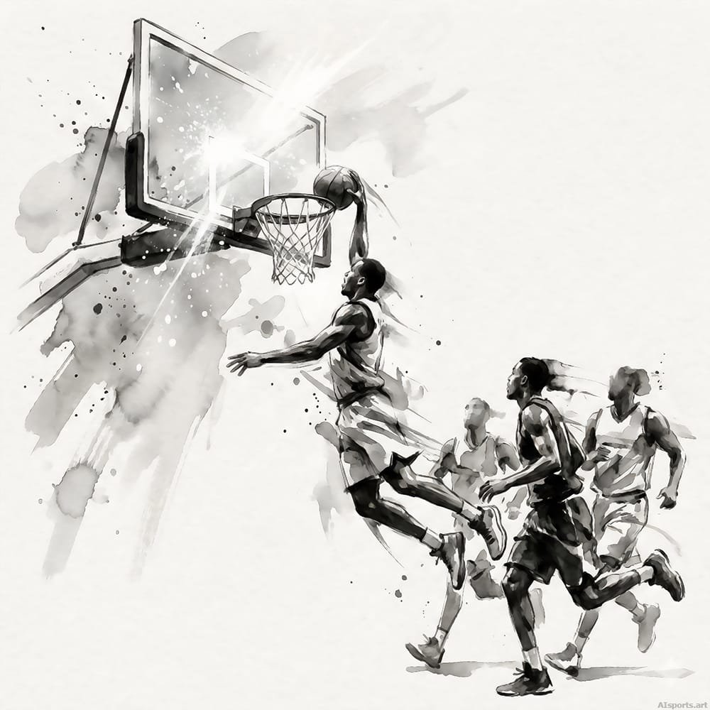 Climax Dunk - Basketball Watercolor Image, Ink Washed Art, Digital Basketball AI Art