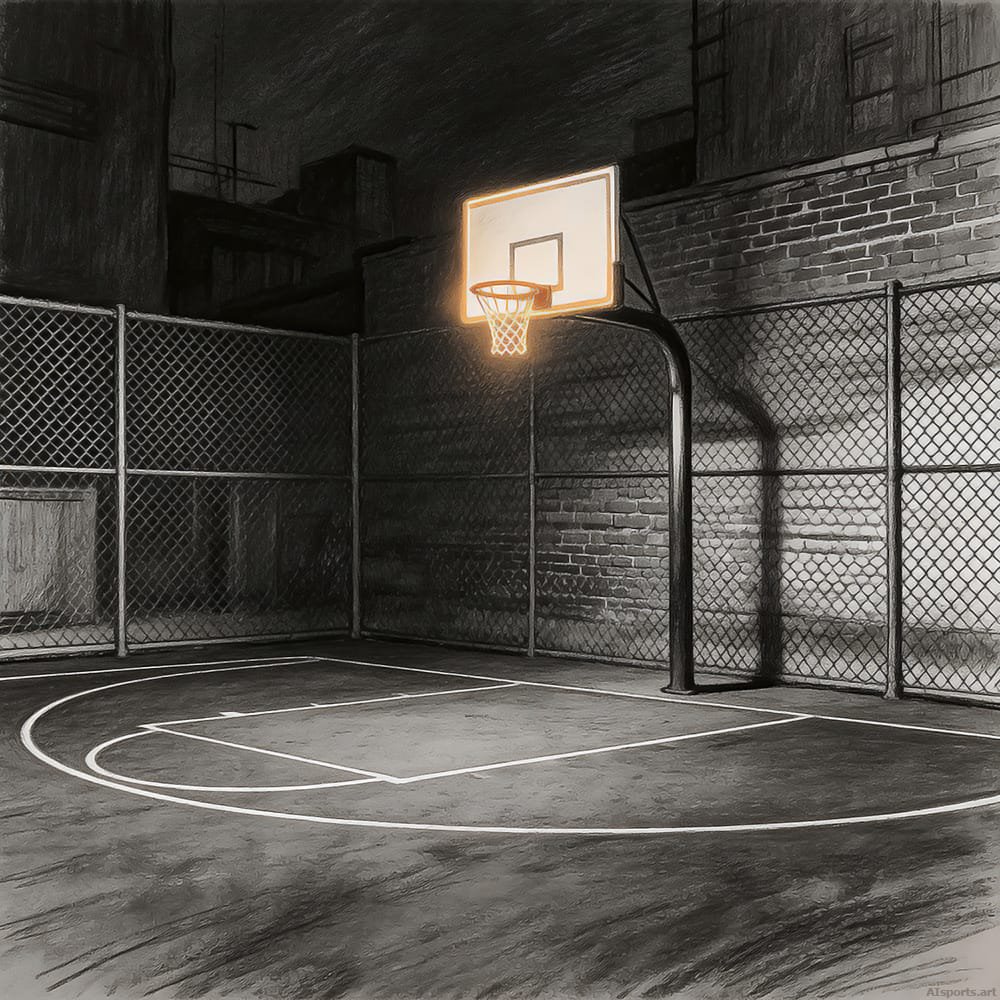 Cool Solitude - Charcoal / Graphite Basketball Sketch Art, Urban Realism Image, Digital Basketball AI Art