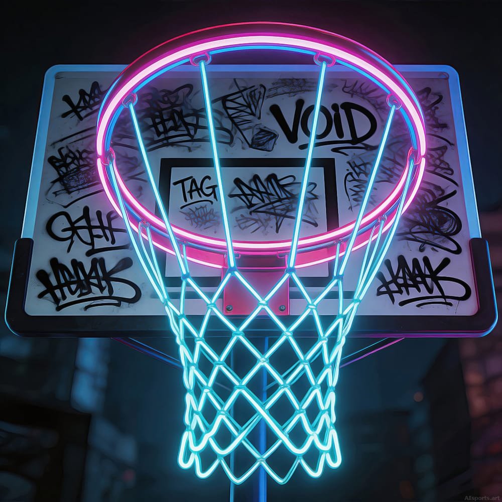 Street Hoop - Cyberpunk / Neon Noir Image, 3D Digital Basketball Art, Digital Basketball AI Art