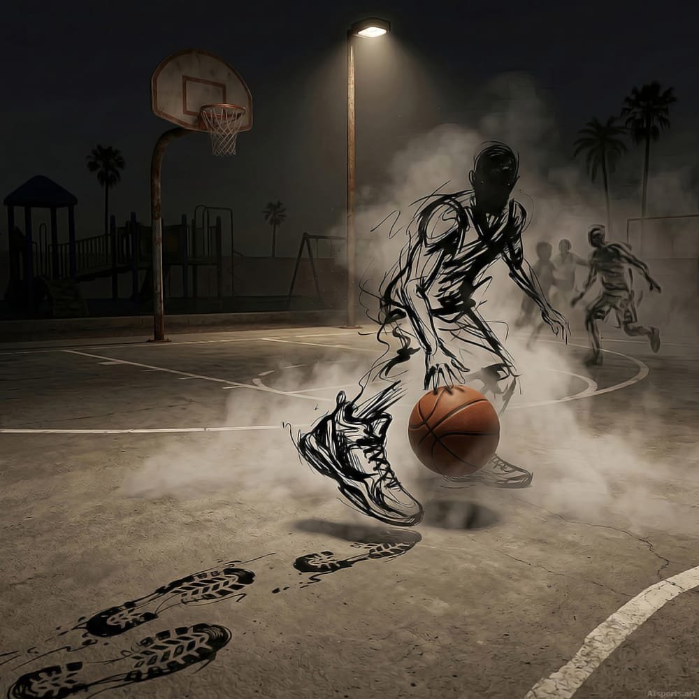 Phantom Crossover - Surreal Basketball Art, Digital Ink-Bleed Image, Digital Basketball AI Art