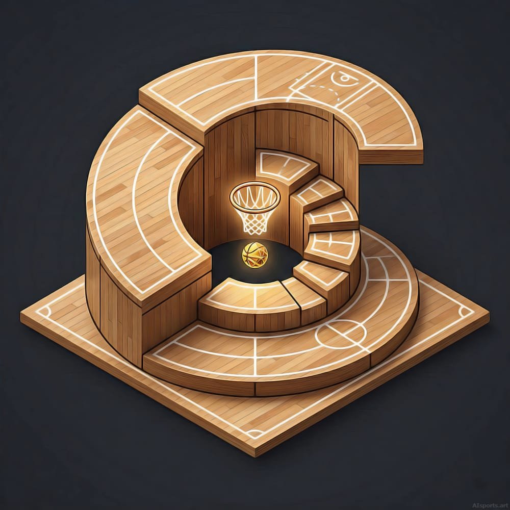 Hardwood Helix - 3D Basketball AI Image, Geometric Abstraction Art, Digital Basketball AI Art