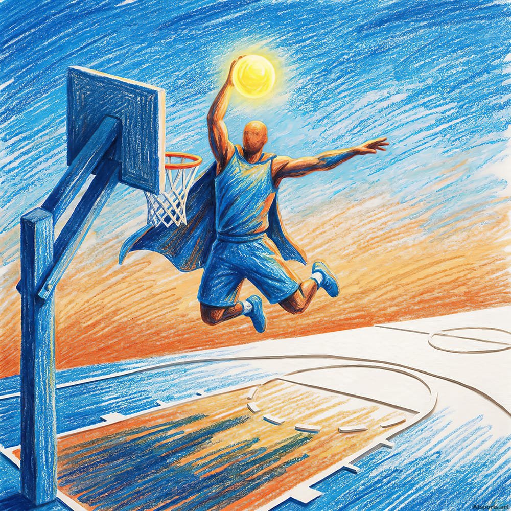Sun Dunker’s Ascent - Crayon Basketball Image, Digital AI Impressionism Art, Digital Basketball AI Art