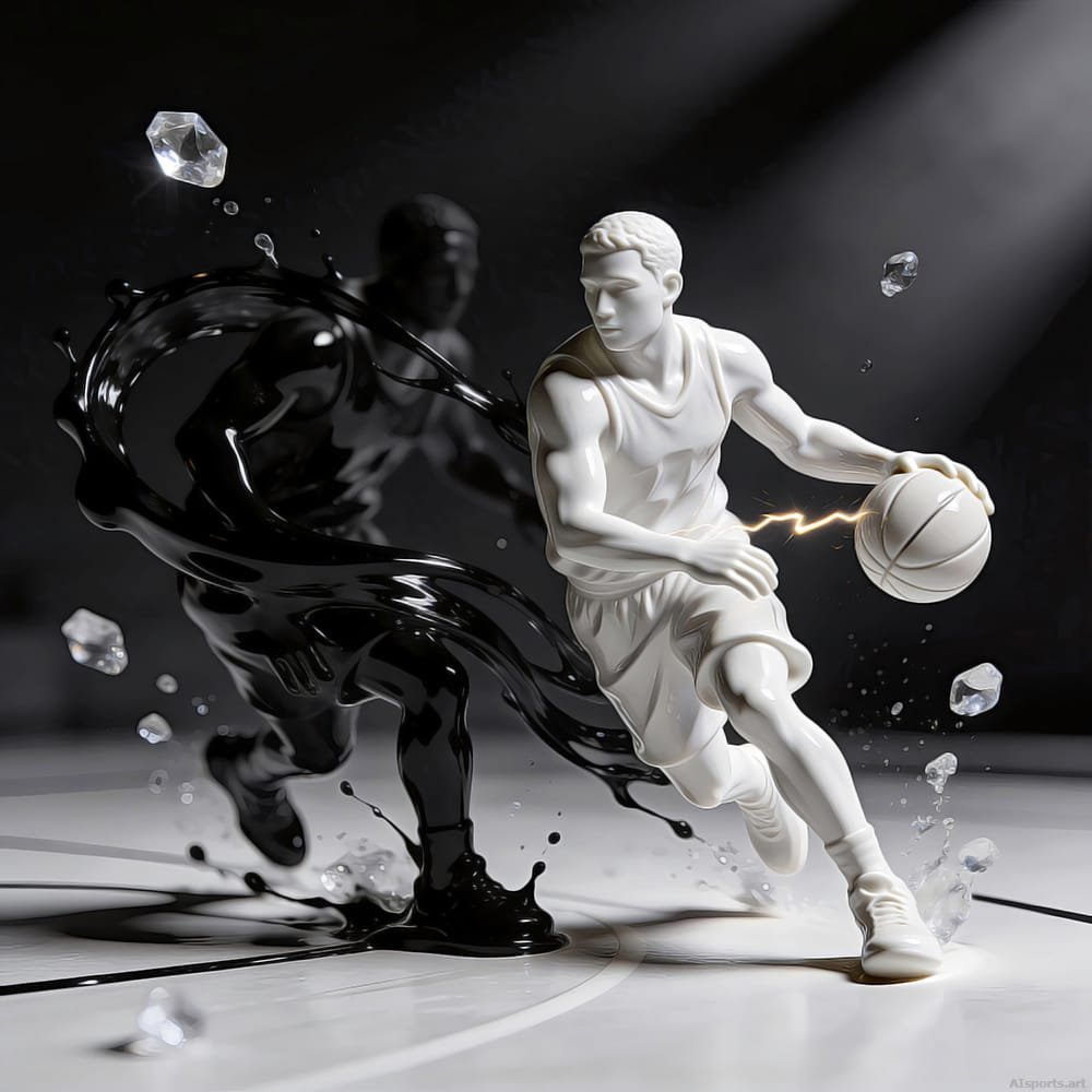 Porcelain & Obsidian - Digital Basketball 3D Art, 3D AI Fluid Image, Digital Basketball AI Art
