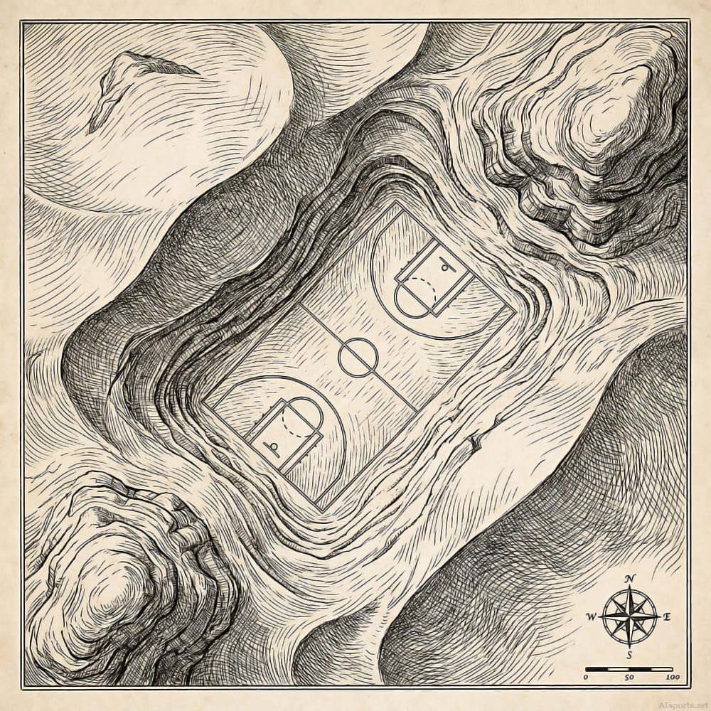 Explorer's End - Vintage Basketball AI Image, Pen-and-Ink Digital Art, Digital Basketball AI Art