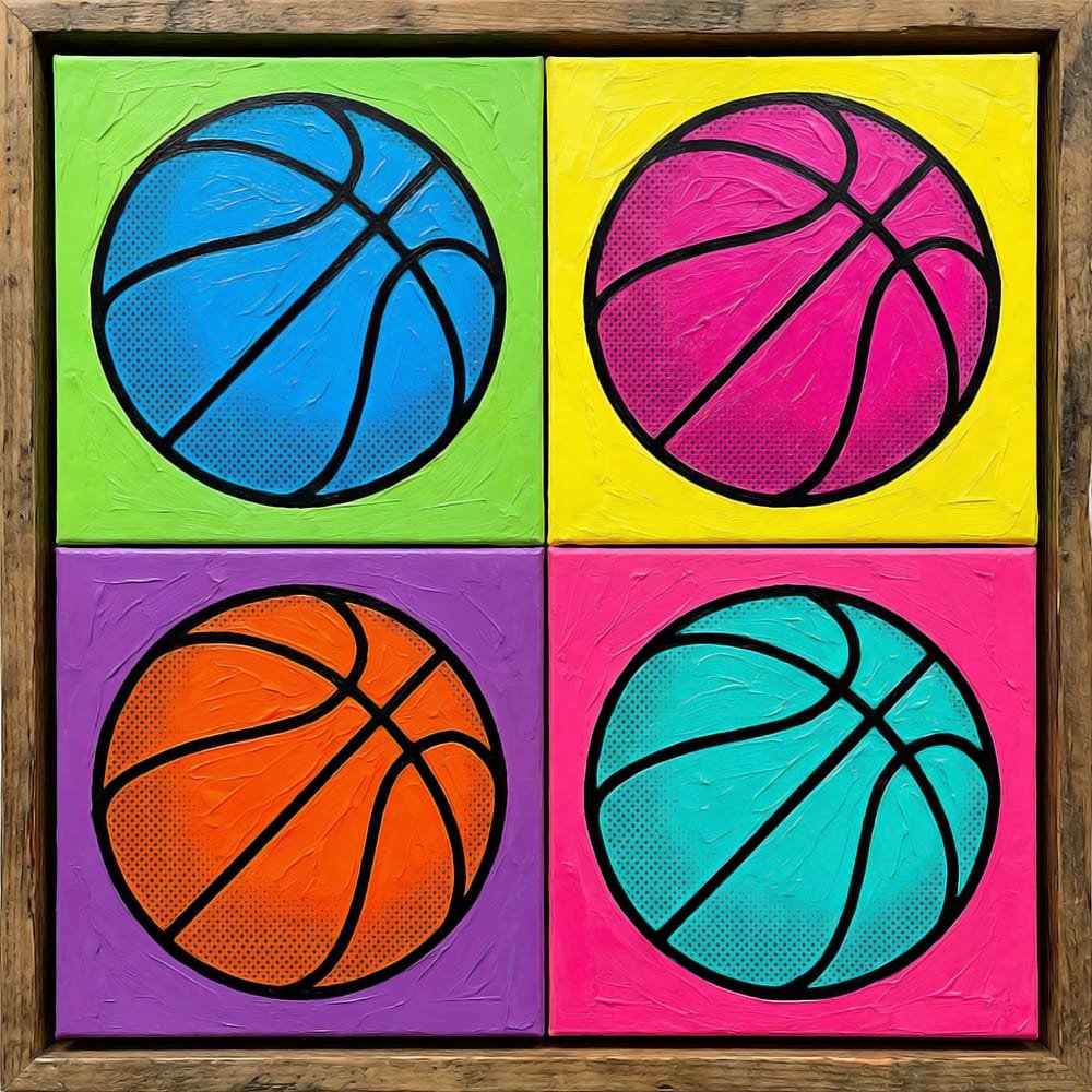 Warhol’s Ball - Pop Art Basketball AI Image, Digital Warholian Layout Art, Digital Basketball AI Art