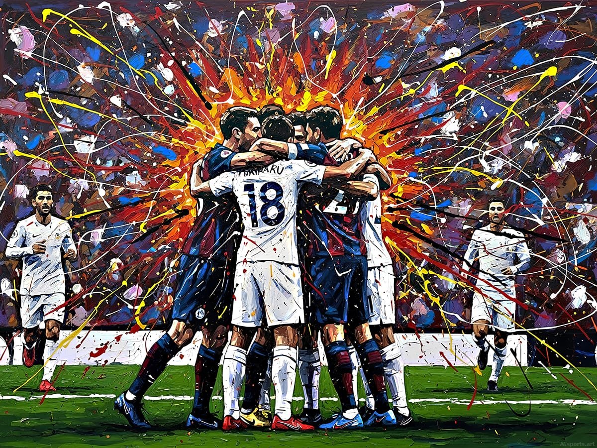 Explosive Unity - Abstract Expressionism Soccer Art, Action Painting/ Impasto Image, Photorealism / 3D AI Image, Digital Soccer AI Art