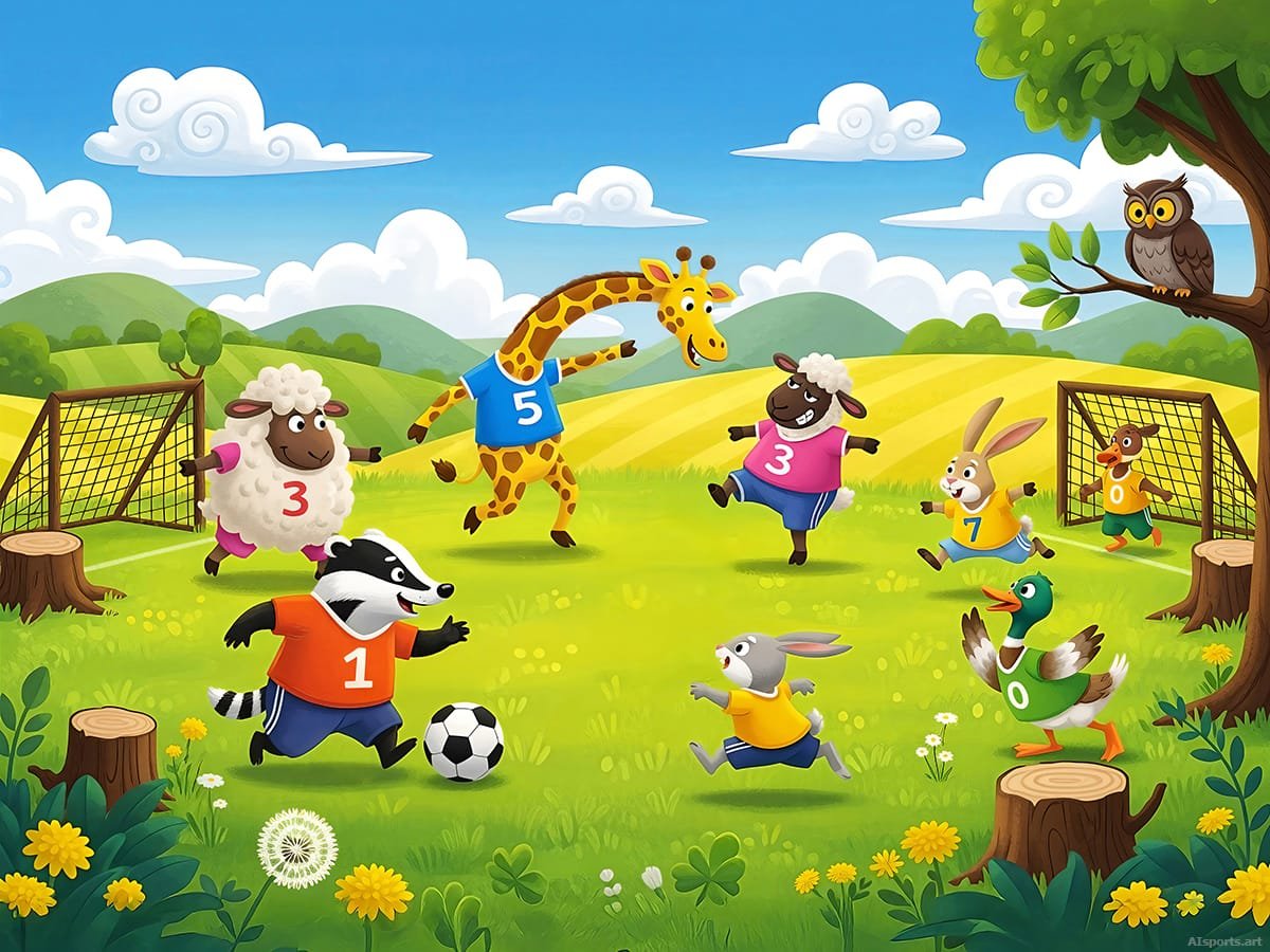 Great Meadow Soccer Match - Whimsical Children’s Book Image, Cartoon Art, Digital Soccer AI Art