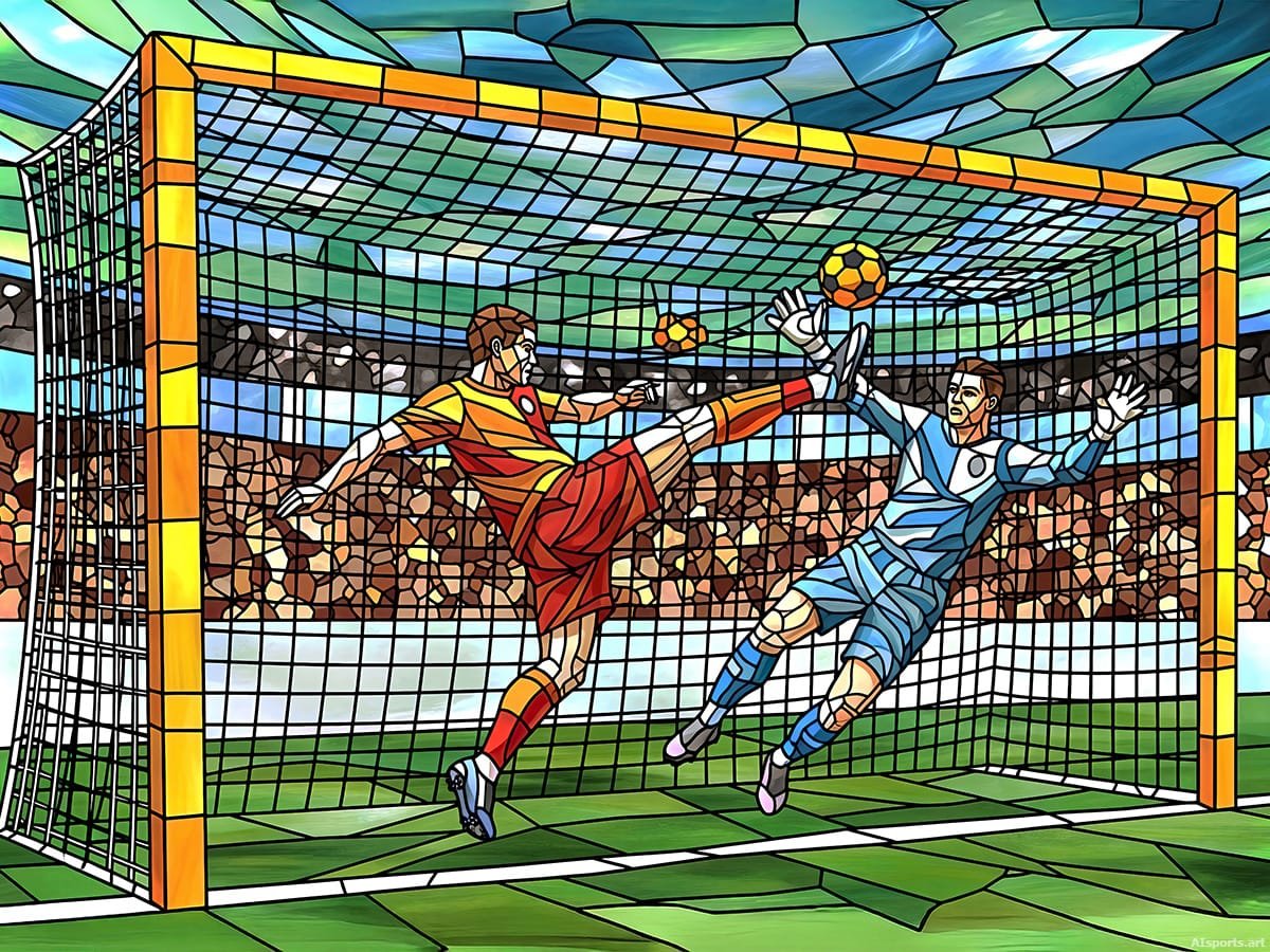 Kaleidoscope Kick - Modern Stained Glass Realism Image, Mosaic Soccer Art, Digital Soccer AI Art