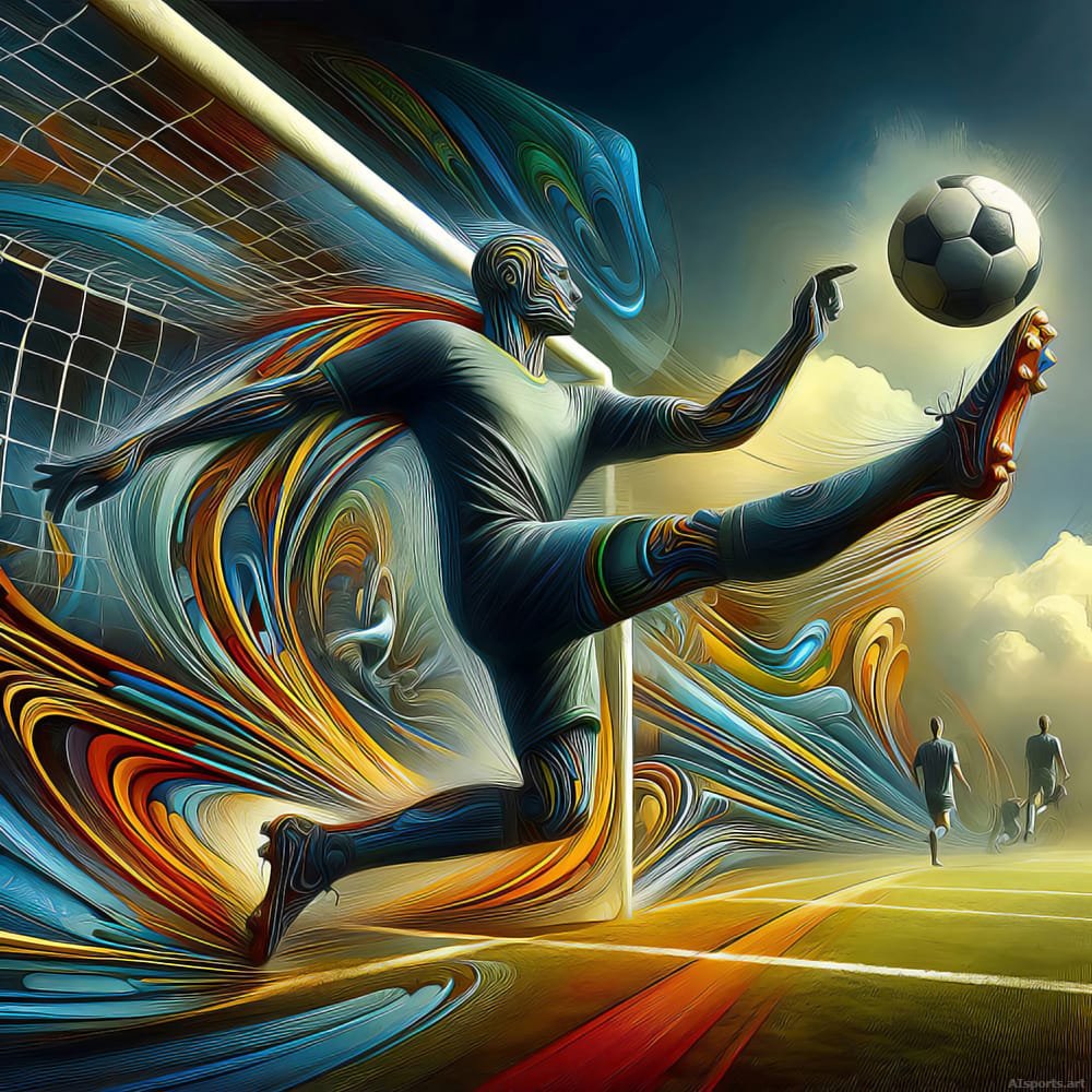 Cosmic Bicycle Kick - Psychedelic Soccer Surrealism AI Image, Kinetic Futurism Ink Art, Digital Soccer AI Art