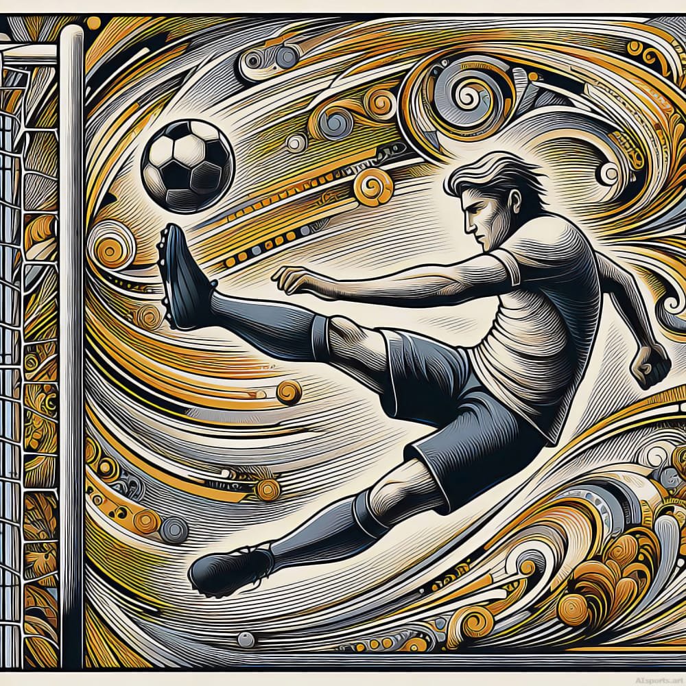 Gilded Goal - Art Nouveau & Symbolism AI Soccer Image, Woodcut & Engraving Aesthetic Art, Digital Soccer AI Art