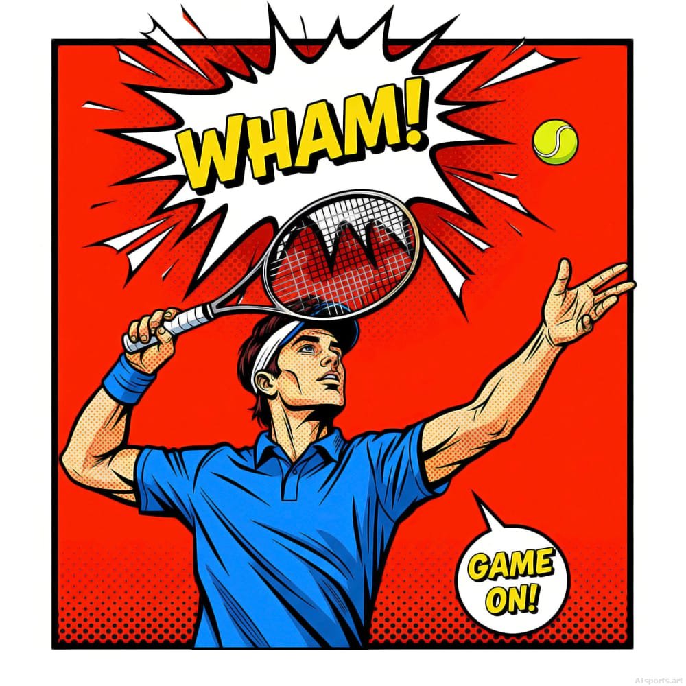 Pop Art Ace - Roy Lichtenstein Influence, 3D Digital / Vibrant Primary Colors Art, Digital Tennis AI Art
