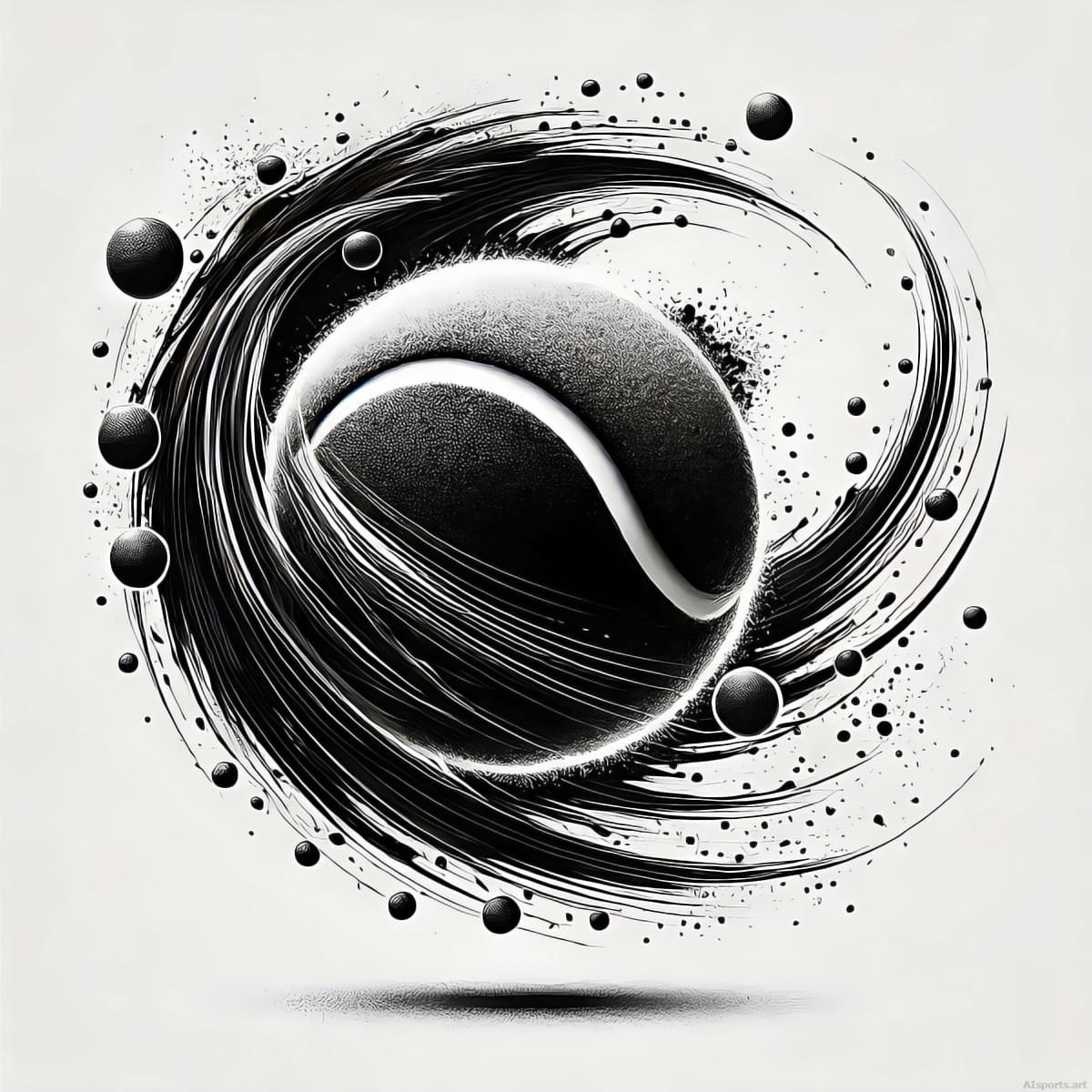 Kinetic Topspin - Monochrome/Grayscale Surrealism AI Image, Fluid Dynamics & Ink Splatter Art, Digital Tennis AI Art