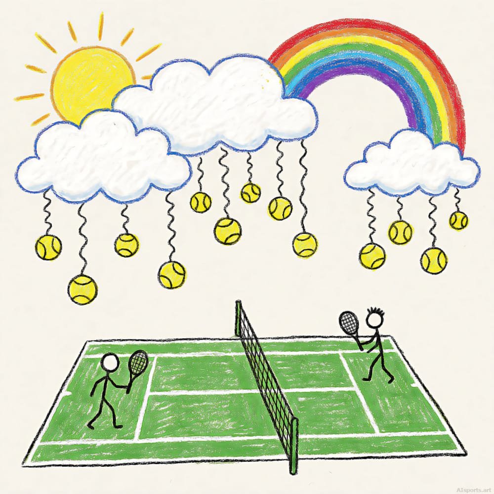 Cloudy with a Chance of Tennis - Digital Crayon Illustration AI Image, Children's Art, Digital Tennis AI Art