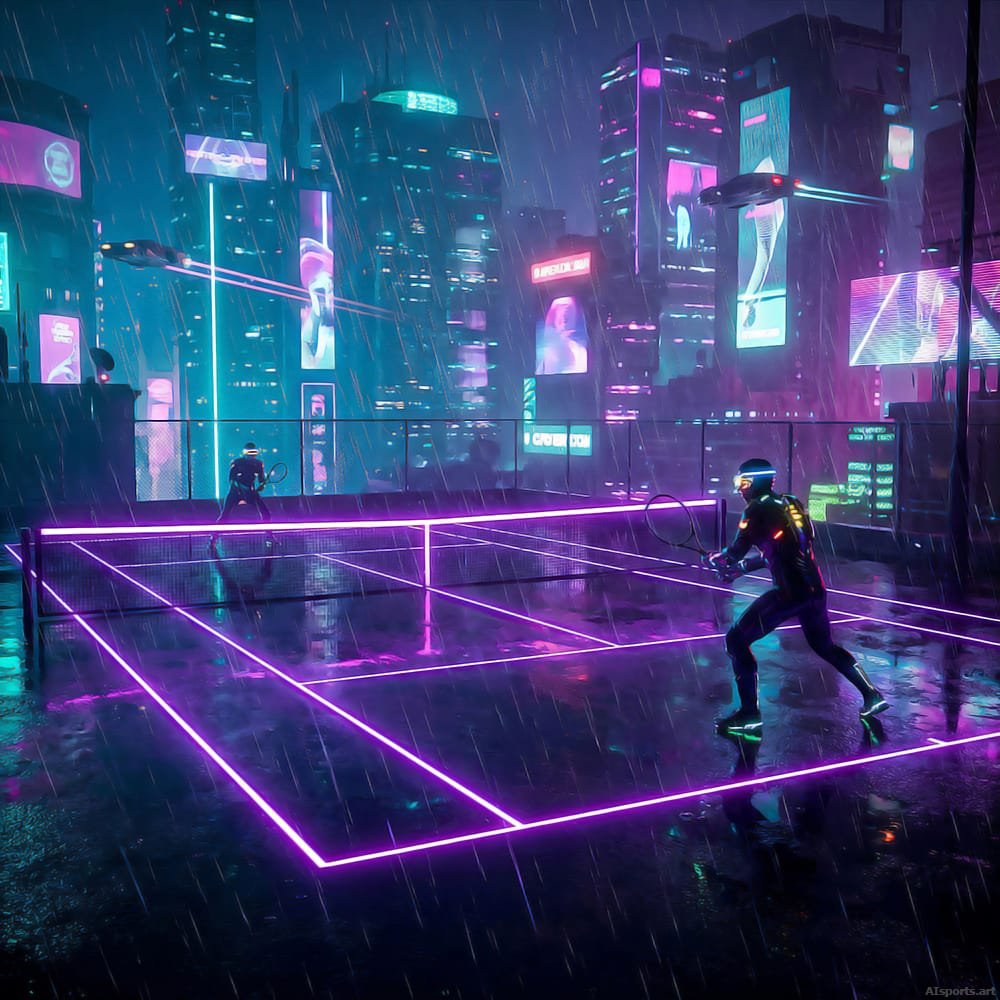 Match Point 2077 - Cyberpunk Digital AI Image, Synthwave Color Palette Art, Digital Tennis AI Art