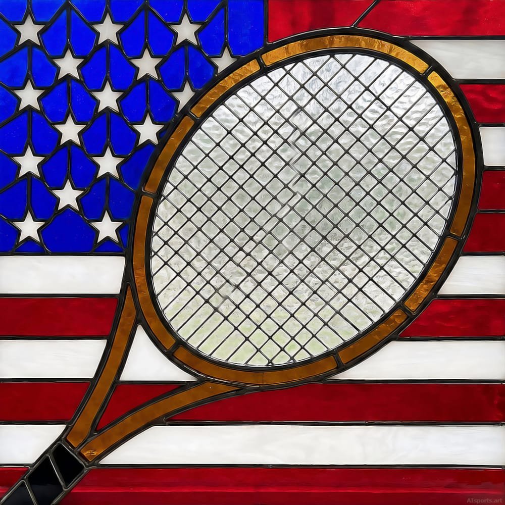 American Racket - Stained Glass / Digital Craft AI Image, Patriotic Motif Art, Digital Tennis AI Art
