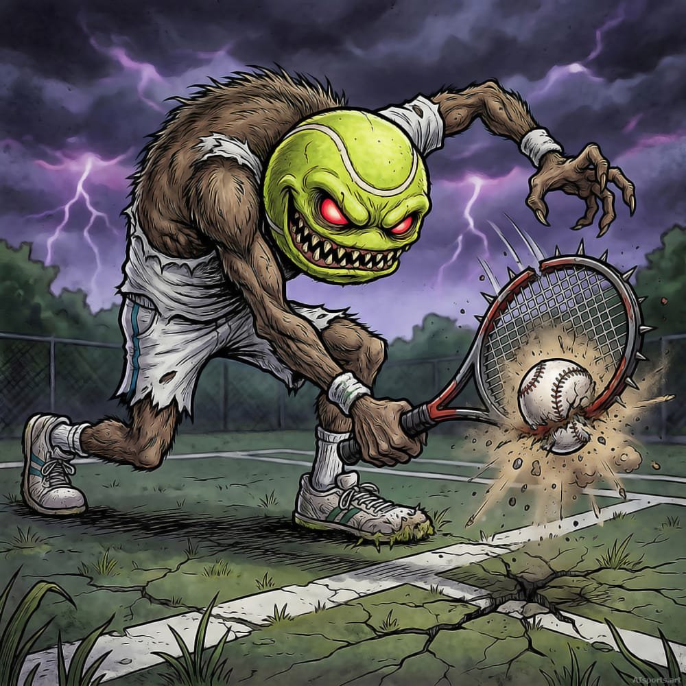 Tennis Court Creeper - Lowbrow Art / 90s Skateboard Graphic AI Image, Horror / Spooky Art, Digital Tennis AI Art