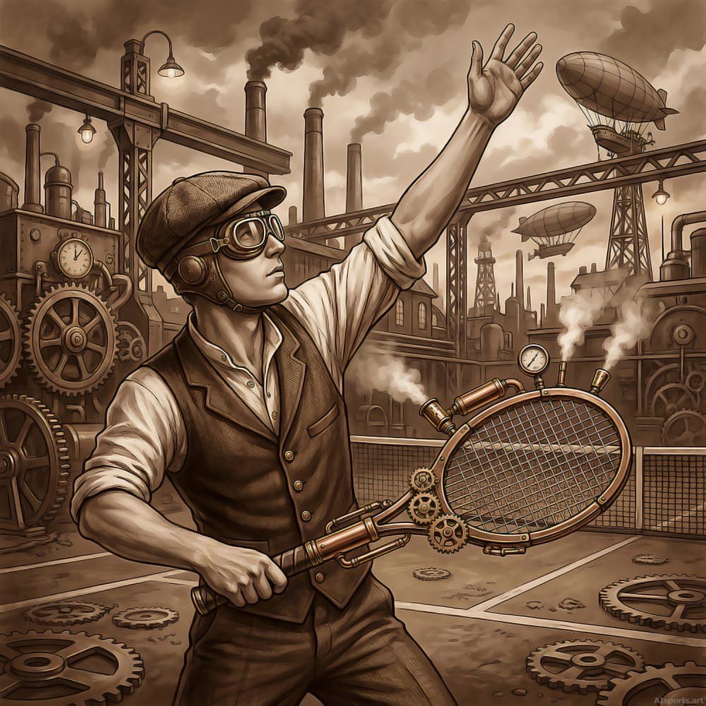 The Industrial Court - Steampunk Digital Tennis Illustration / Retro-Futurism AI Image, Victorian / Industrial Aesthetic Art, Digital Tennis AI Art