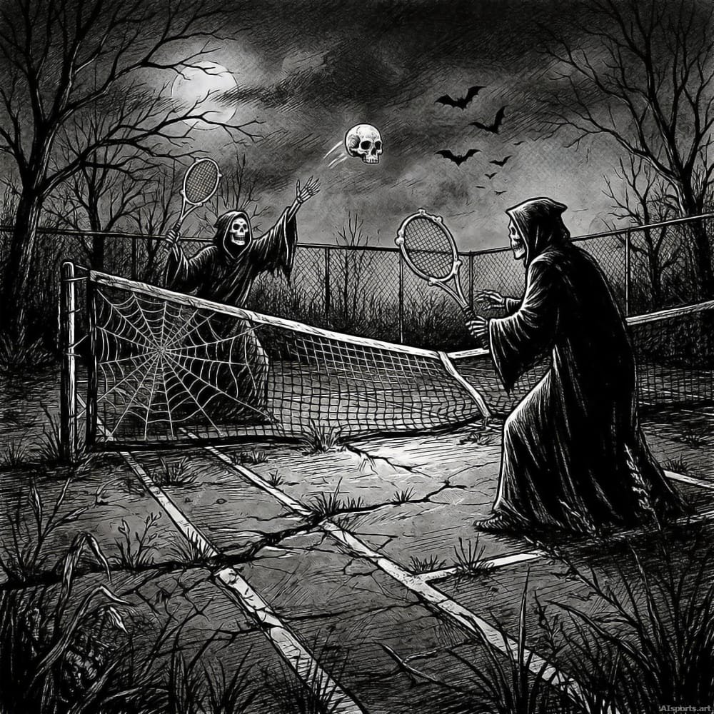 Sudden Death Match - Digital Spooky Fantasy AI Image, Gothic Charcoal Sketch Art, Dark Fantasy / Halloween Surrealism, Digital Tennis AI Art