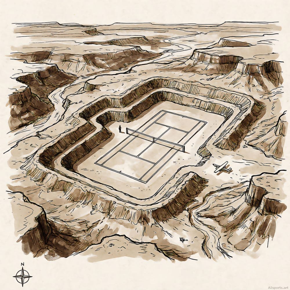 The Hidden Arena - Digital Tennis Surrealist AI Image, Ink-and-Wash Sketch Art, Digital Tennis AI Art