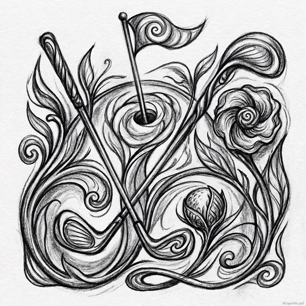 Botanical Crest - Botanical Art Nouveau Sketch Image, Monochromatic Charcoal and Graphite Drawing, Digital Golf AI Art