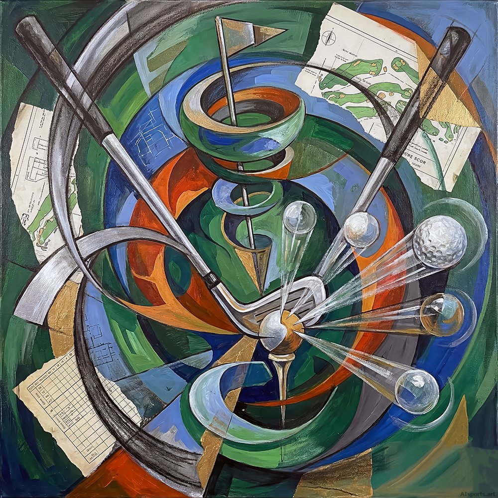 Blueprint of Impact - Futurist Cubism Golf Art, Digital Mixed-Media Painting Illustration, Digital Golf AI Art