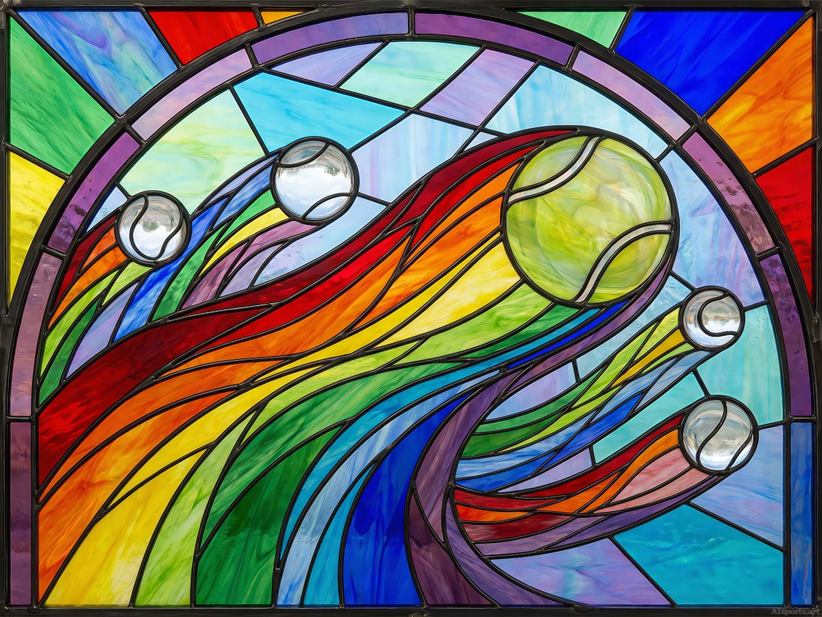 Grand Slam Spectrum - Digital Stained Glass AI Image, Art Nouveau Tennis Graphic, Digital Tennis AI Art