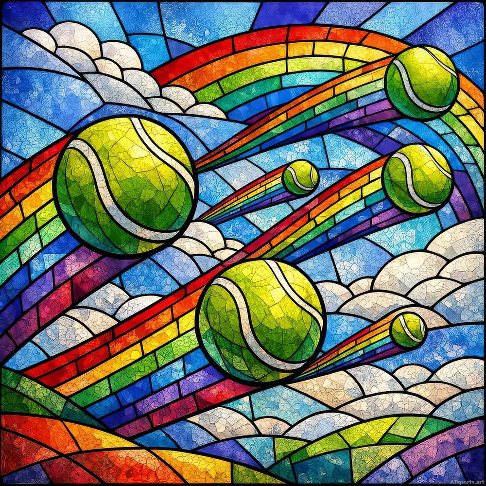 Kinetic Tennis Ball Sky - Digital Stained Glass AI Image, Pop-Surrealist Glass Art, Digital Tennis AI Art