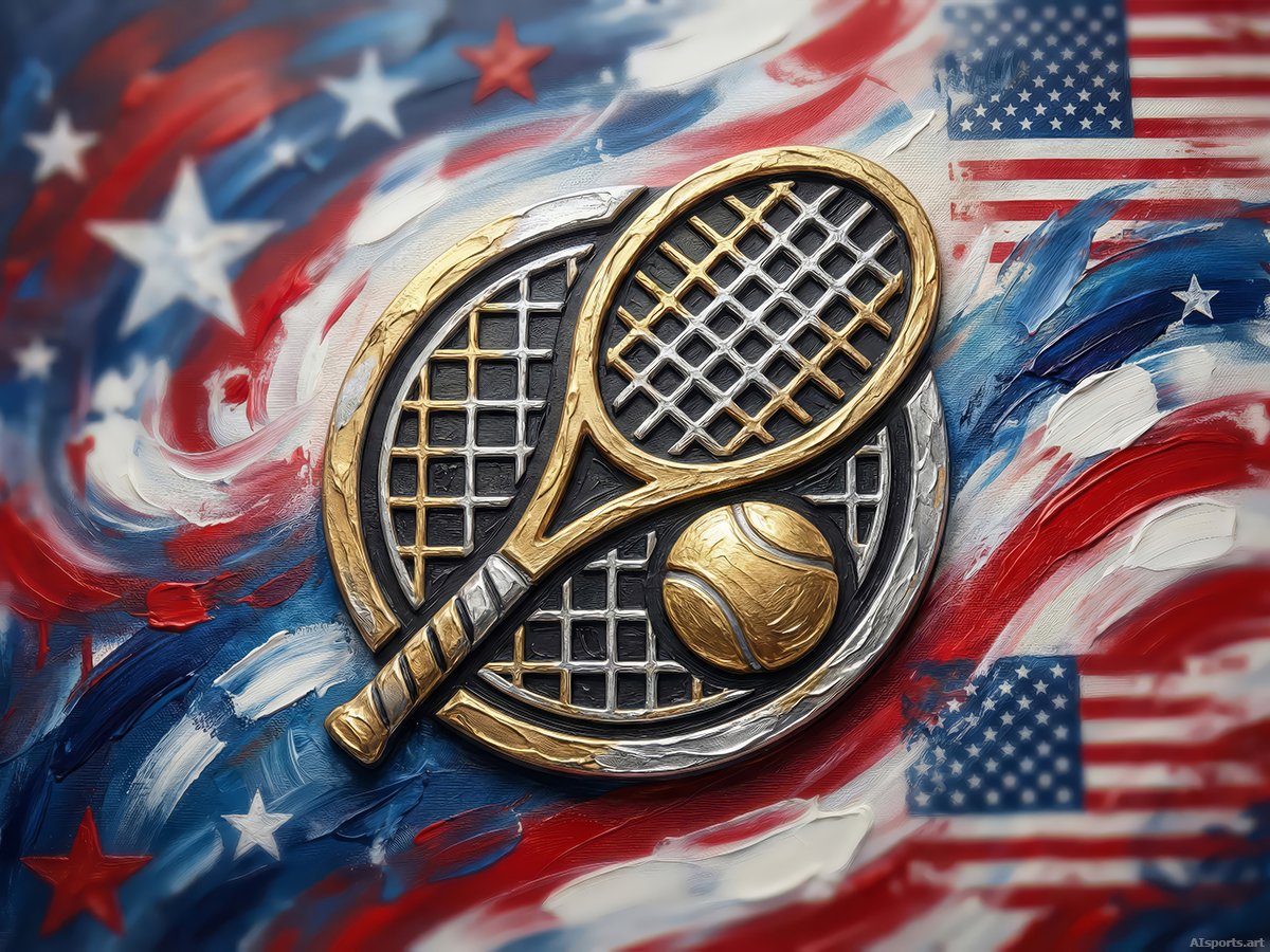 Patriotic Tennis Rally Emblem - Commemorative US AI Art, Textured Patriotic Impasto & 3D Bas-Relief, Digital Tennis AI Art