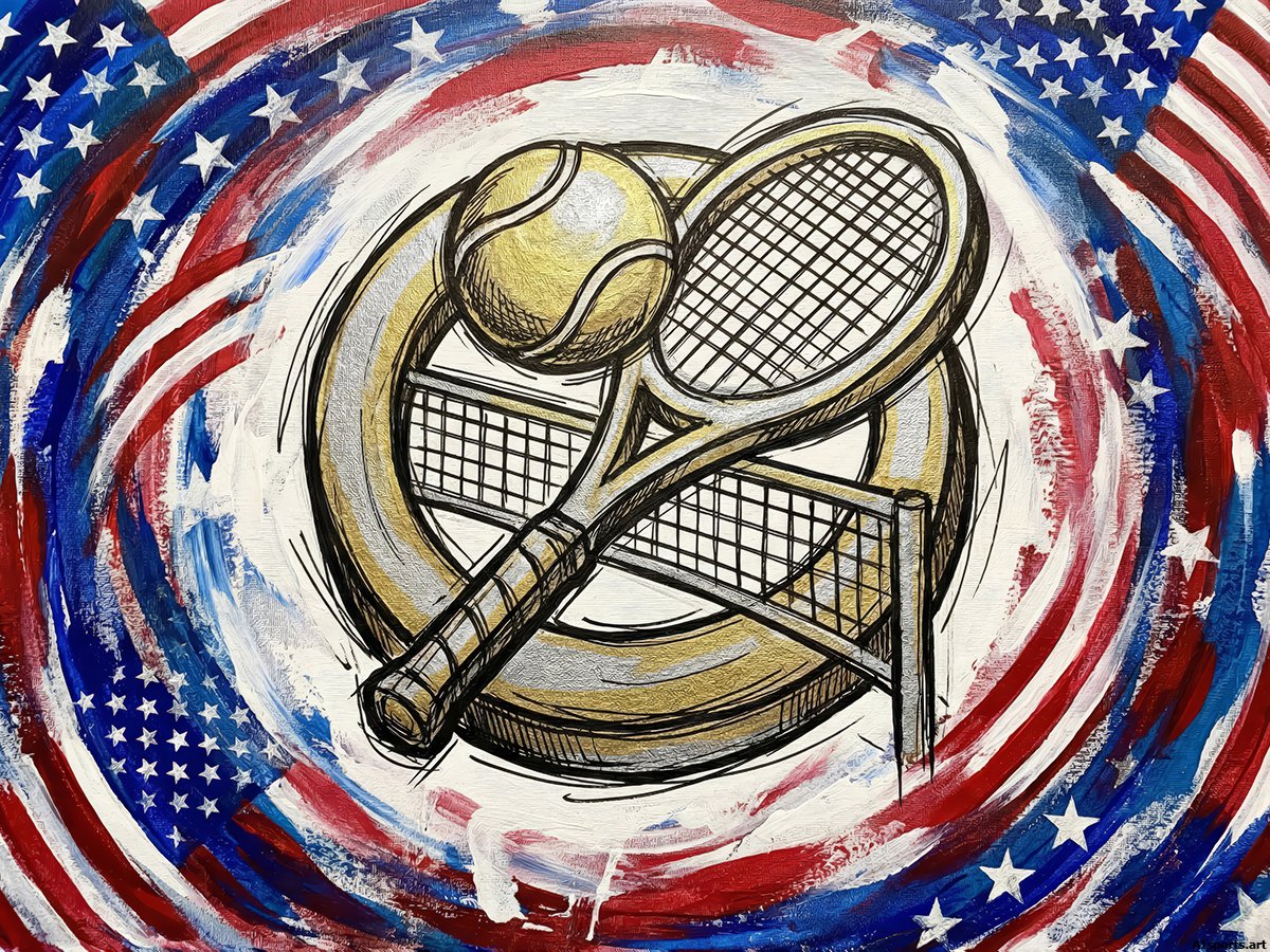 Patriotic Emblem No. 4 - Patriotic Tennis Graphic, Acrylic Pop Art, Digital Tennis AI Art