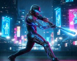 Cyber City League - Cyberpunk Baseball Art, Digital Robot Image, Digital AI Art Work