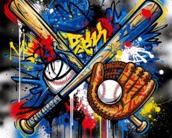 Crossed Bat Splat - Digital Baseball Image, Graffiti / Street Art, Digital Baseball AI Art