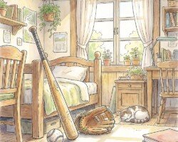 Bedroom Peace - Watercolor Baseball Image, Digital Watercolor Art, Digital Baseball AI Art