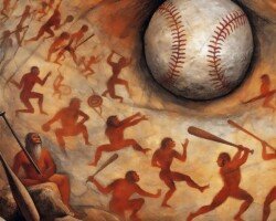 Rock Wall Pastime - Prehistoric Baseball Cave Art, Rock Painting Image, Digital Baseball AI Art
