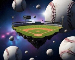 The Floating Field - Digital Surrealism Art, Space/Cosmic Baseball Image, Digital Baseball AI Art