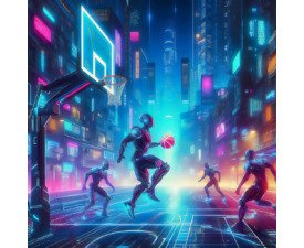 Grid Court - Digital Synthwave Image, AI Basketball Image, Cyberpunk / Sci-Fi Concept Art, Digital Basketball AI Art