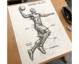 Jump Anatomy - Digital Basketball Sketch Art, Charcoal and Graphite AI Image, Digital Basketball AI Art