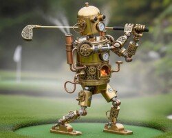 Birdie Bot 3000 - Steampunk Golf Art, Photorealism / 3D AI Image, Digital Golf AI Art