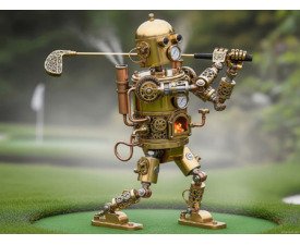 Birdie Bot 3000 - Steampunk Golf Art, Photorealism / 3D AI Image, Digital Golf AI Art