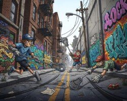 Keep Away - Comic Book / Graphic Novel Lacrosse Image, Deep Linear Perspective Art, Digital Lacrosse AI Art