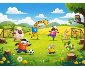Great Meadow Soccer Match - Whimsical Children’s Book Image, Cartoon Art, Digital Soccer AI Art