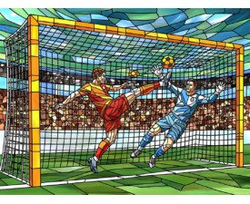 Kaleidoscope Kick - Modern Stained Glass Realism Image, Mosaic Soccer Art, Digital Soccer AI Art